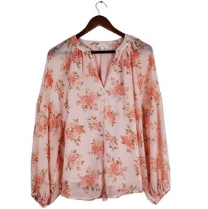 BY THE RIVER Pink Floral Sheer Blouse | Long Sleeve Button Front | Size L